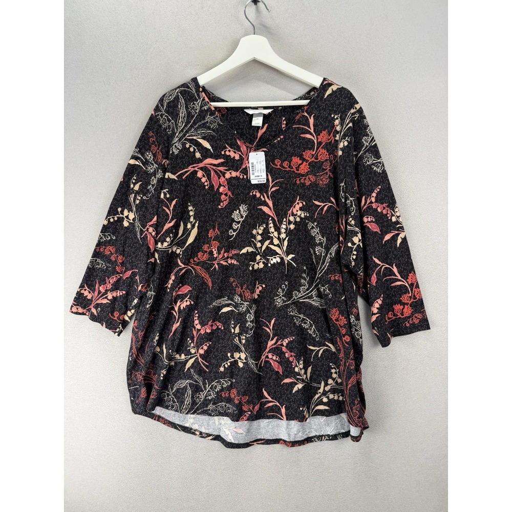 C.J. Banks 3X Plus Size Floral V-Neck Blouse 3/4 Sleeve Black NWT